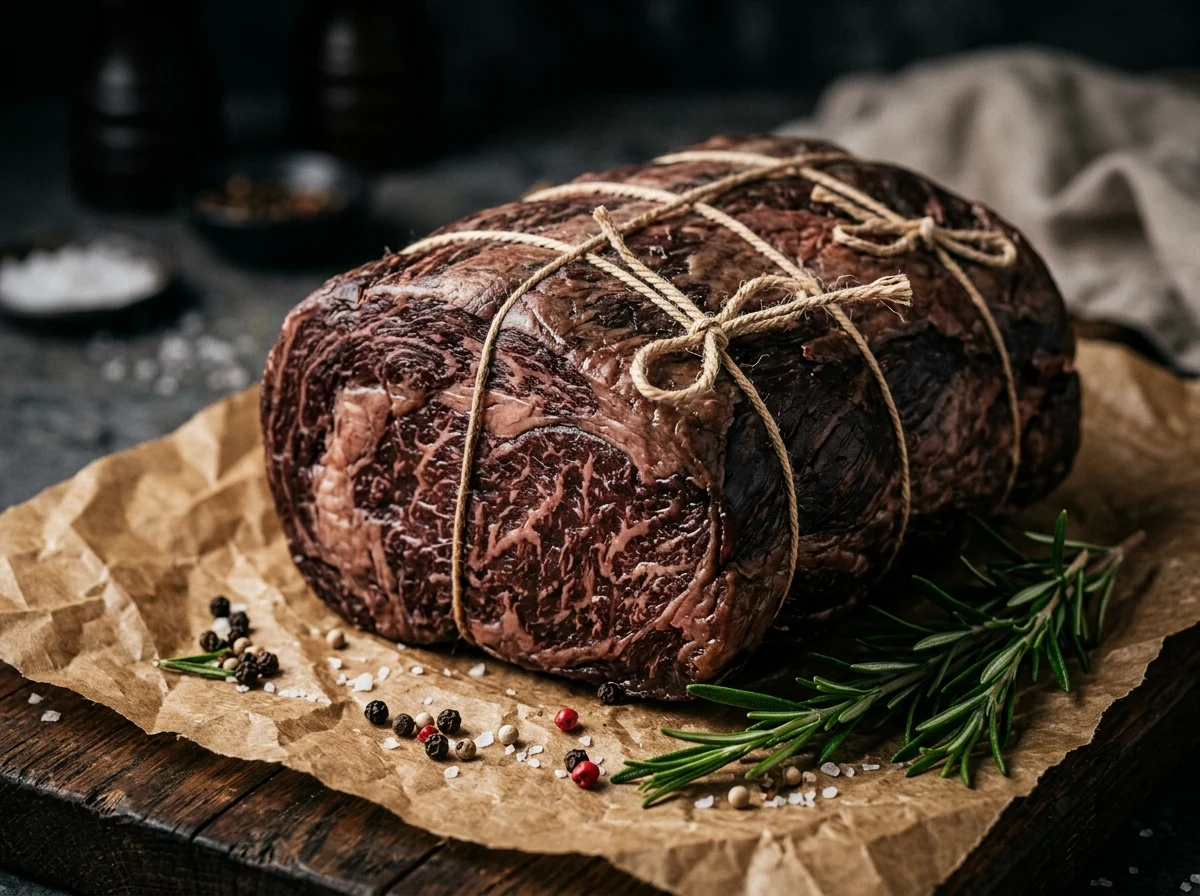 Wagyu dry aged beef tied with butcher twine