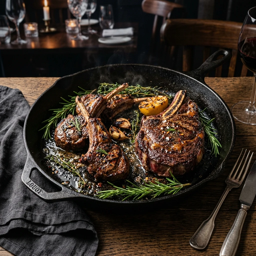 Sizzling prime lamb cutlets and beef chops