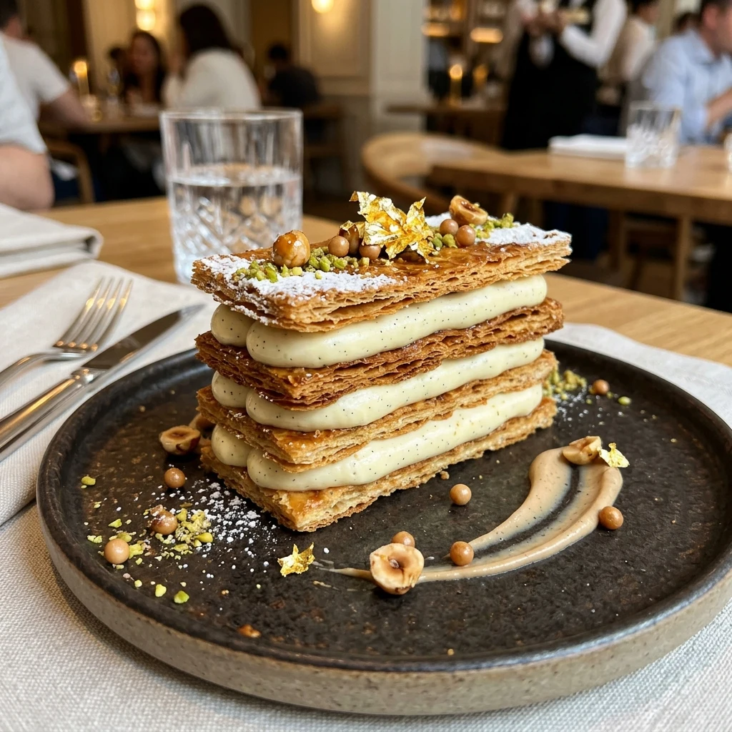 Layered mille-feuille patisserie with 24k gold leaf