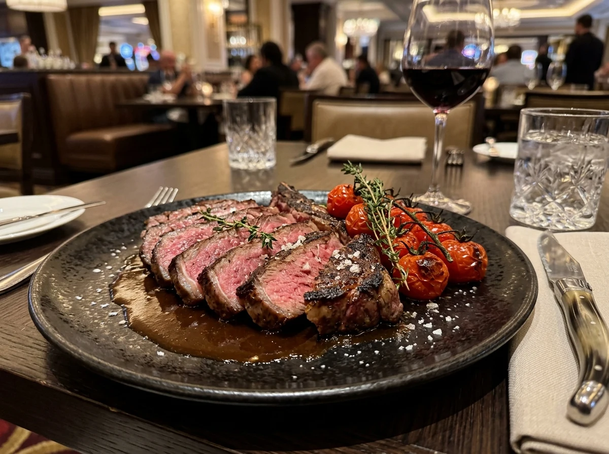 Sliced grilled steak with roasted cherry tomatoes